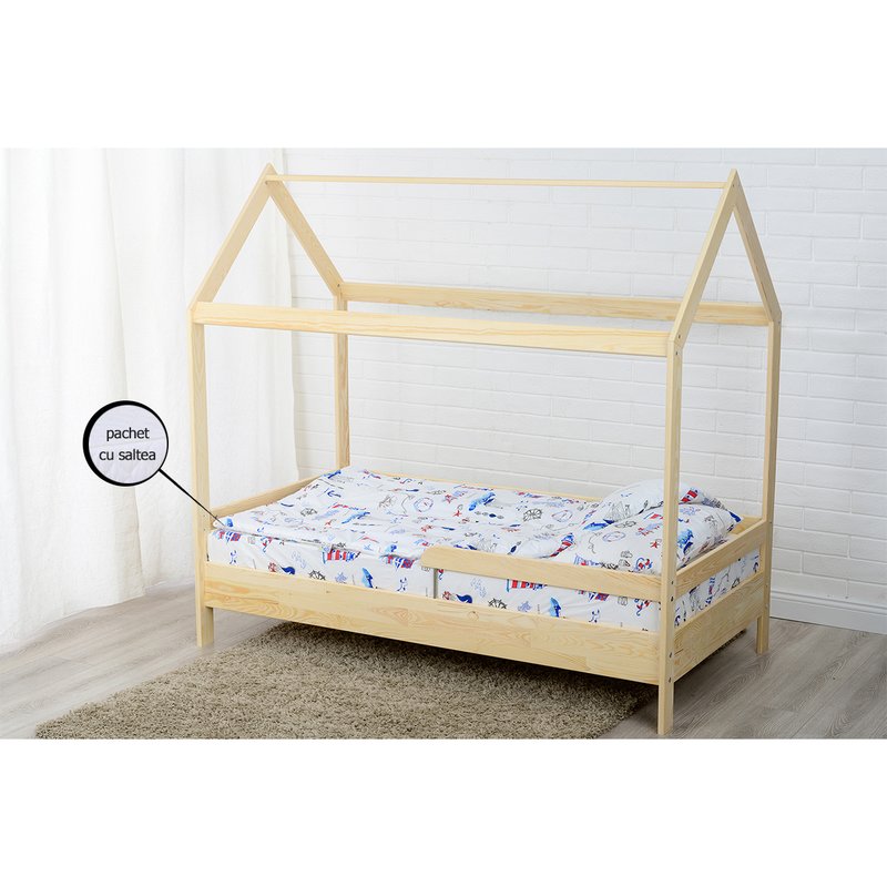 BabyNeeds - Patut din lemn Casuta 160x80 cm, Natur + Saltea 15 cm