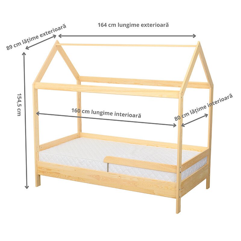 BabyNeeds - Patut din lemn Casuta 160x80 cm, Natur + Saltea 15 cm image 3