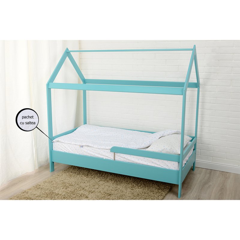 BabyNeeds - Patut din lemn Casuta 160x80 cm, Mint + Saltea 15 cm