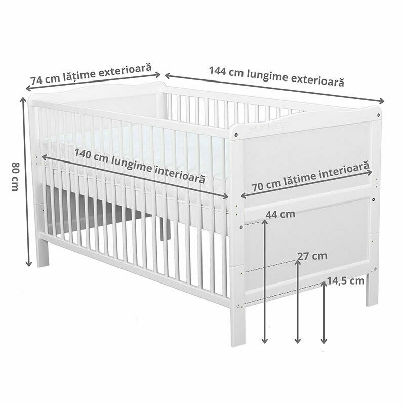 BabyNeeds - Patut din lemn Nadia 140x70 cm, transformabil, Alb + Saltea 12 cm image 5