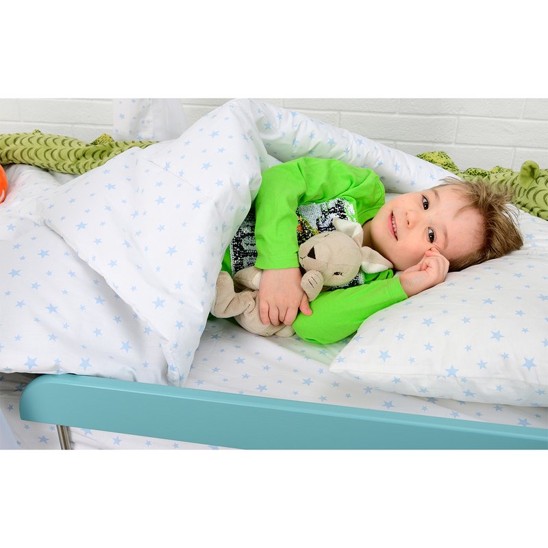 BabyNeeds - Lenjerie patut 3 piese, Cu pernuta, Plapumioara, Cearceaf, Din bumbac, Pentru patut 160x80 cm, Alb cu stelute albastru deschis image 5