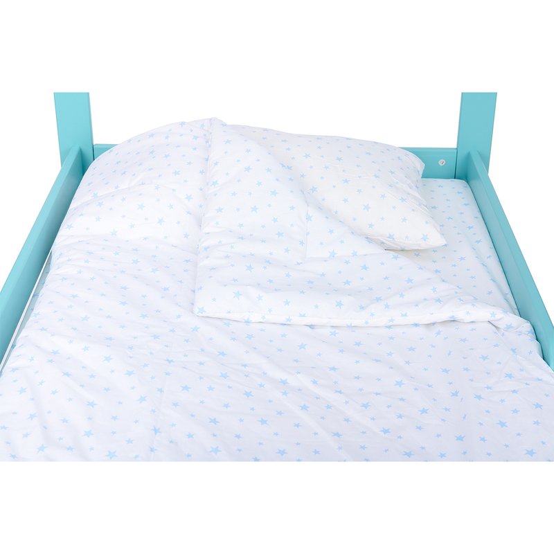 BabyNeeds - Lenjerie patut 3 piese, Cu pernuta, Plapumioara, Cearceaf, Din bumbac, Pentru patut 160x80 cm, Alb cu stelute albastru deschis image 10