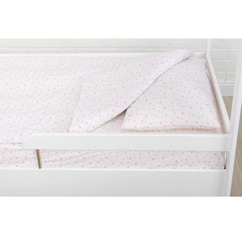 BabyNeeds - Lenjerie patut 3 piese, Cu pernuta, Plapumioara, Cearceaf, Din bumbac, Pentru patut 160x80 cm, Alb cu stelute roz image 5