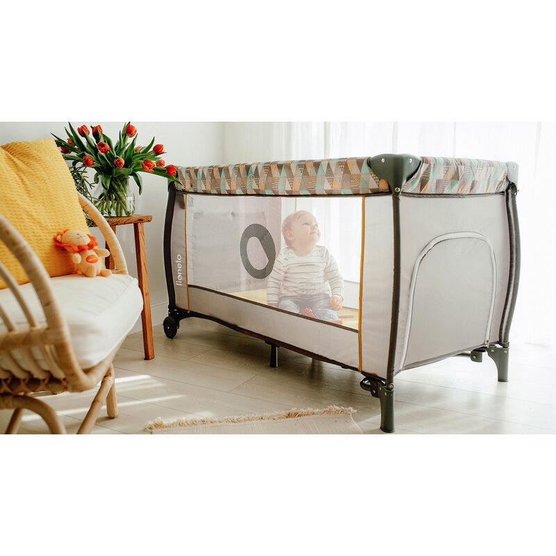 Lionelo - Patut pliant cu doua nivele Sven Plus, 120x60 cm, arcada jucarii, masuta de infasat, vibratii, melodii, Beige Stripes image 21