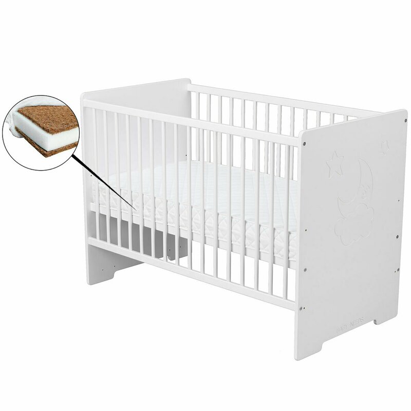 BabyNeeds - Patut din lemn Skandy Moon 120x60 cm, Alb + Saltea 12 cm