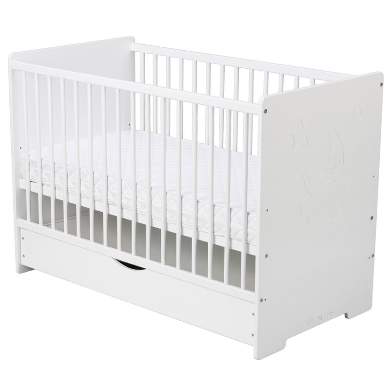 BabyNeeds - Patut din lemn Skandy Moon 120x60 cm, cu sertar, Alb