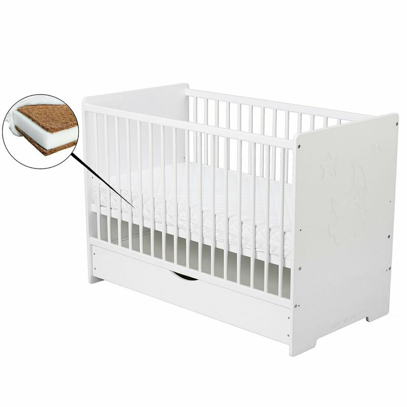 BabyNeeds - Patut din lemn Skandy Moon 120x60 cm, cu sertar, Alb + Saltea 8 cm