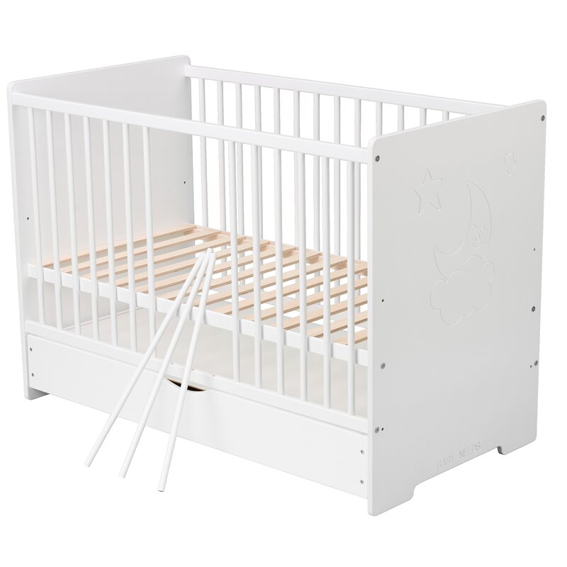 BabyNeeds - Patut din lemn Skandy Moon 120x60 cm, cu sertar, Alb + Saltea 12 cm image 5
