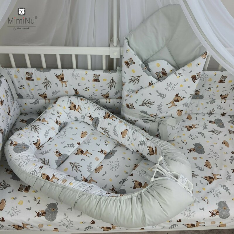 MimiNu - Cosulet bebelus pentru dormit, Baby Cocoon 90x50 cm, Velvet Forest friends Grey/Beige image 3
