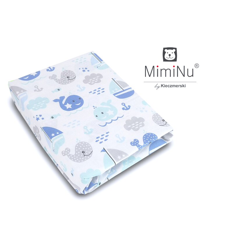 MimiNu - Cearceaf cu elastic pentru patut 120X60 cm, Din bumbac, Blue fish image 1