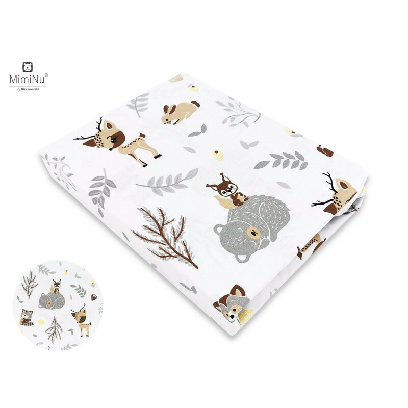 MimiNu - Cearceaf cu elastic pentru patut 140X70 cm, Din bumbac, Forest friends Grey/Beige