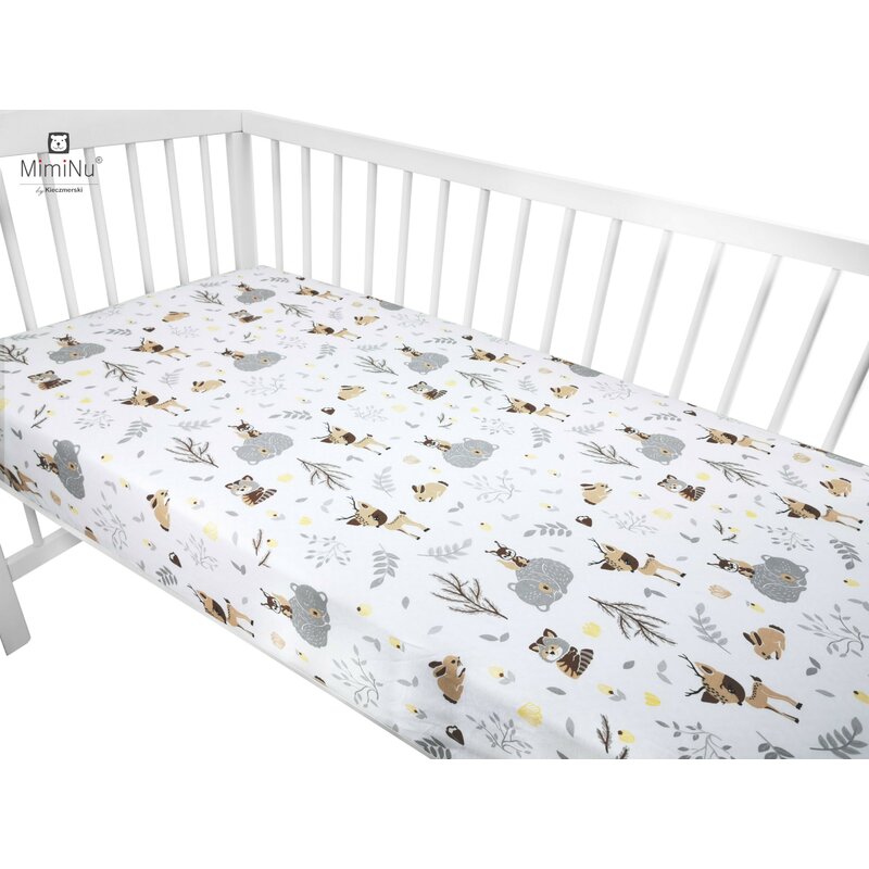 MimiNu - Cearceaf cu elastic pentru patut 140X70 cm, Din bumbac, Forest friends Grey/Beige image 2