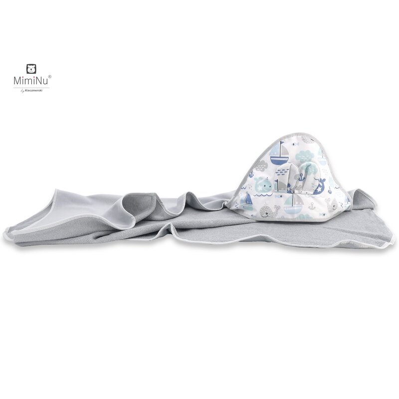 MimiNu - Prosop cu gluga cu urechi, 100x100 cm, Grey/Blue fish image 1