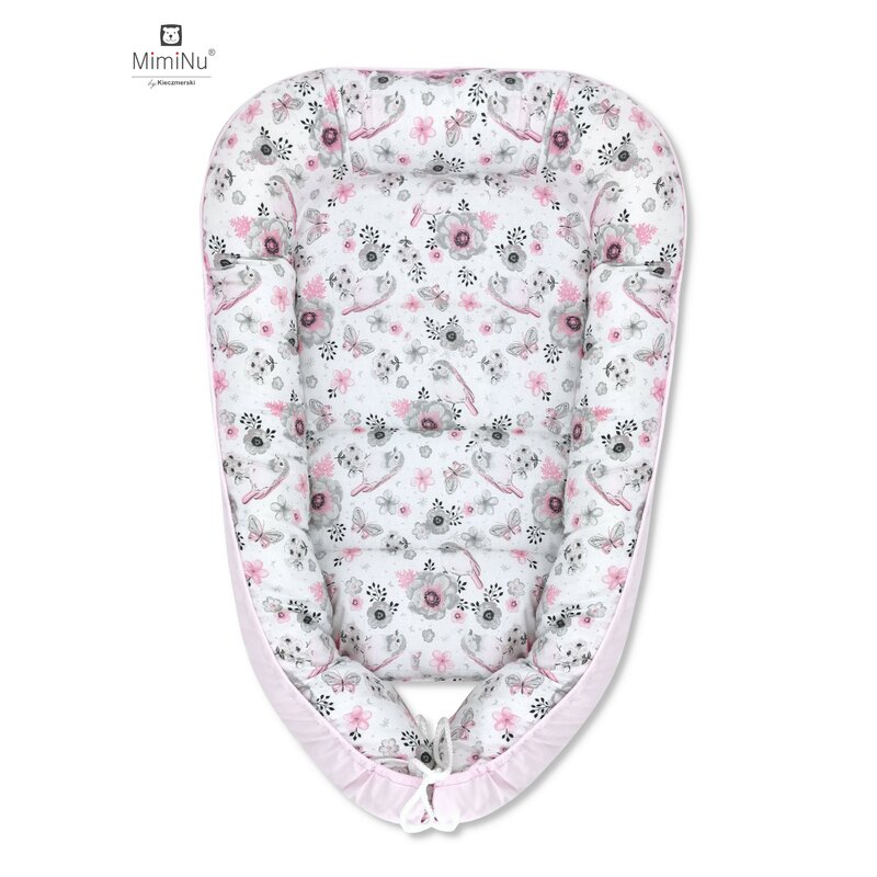 MimiNu - Cosulet bebelus pentru dormit, Baby Cocoon 90x50 cm, Pink/Birds Pink