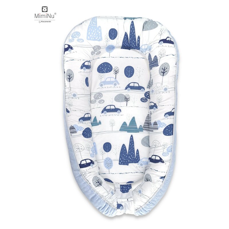 MimiNu - Cosulet bebelus pentru dormit, Baby Nest 105x66 cm, Velvet Childrens Journey Blue