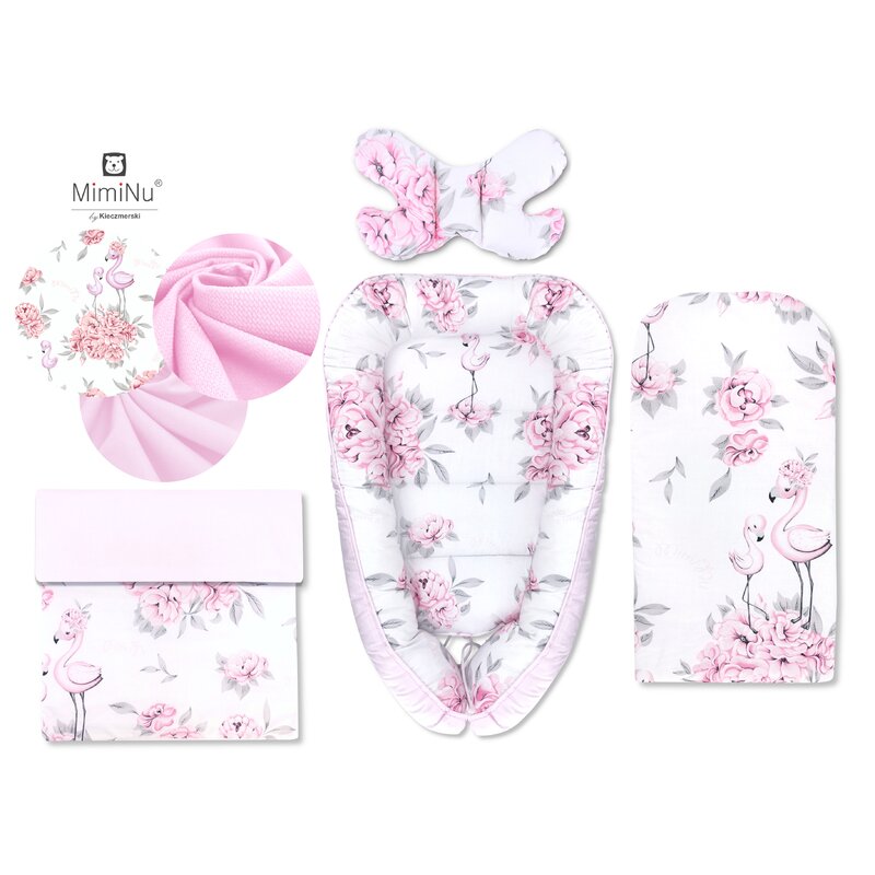 MimiNu - Set 4 in 1 Cosulet bebelus Baby Cocoon 90x50 cm, 1 perna, 1 paturica si o saltea cu doua fete, Peonie Pink image 1