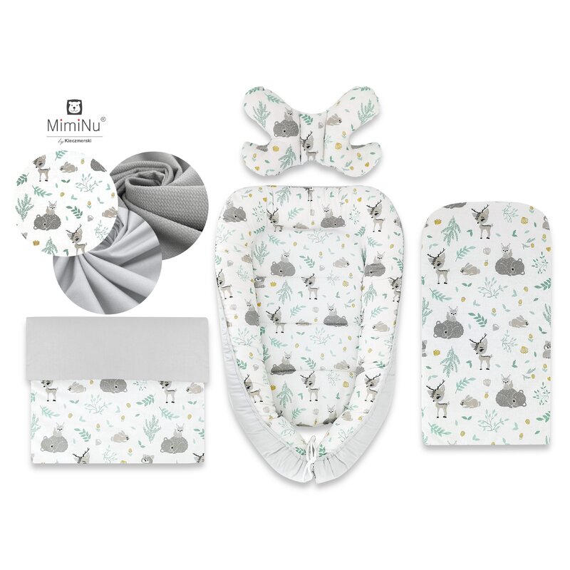 MimiNu - Set 4 in 1 Cosulet bebelus Baby Cocoon 90x50 cm, 1 perna, 1 paturica si o saltea cu doua fete, Forest friends Grey/Mint