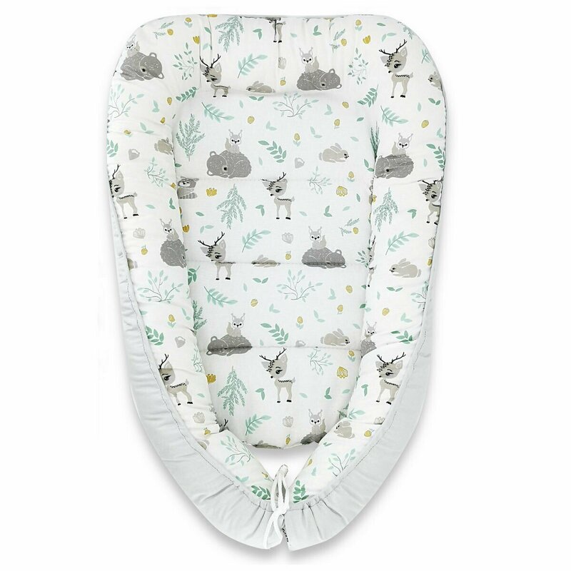 MimiNu - Set 4 in 1 Cosulet bebelus Baby Cocoon 90x50 cm, 1 perna, 1 paturica si o saltea cu doua fete, Forest friends Grey/Mint image 2