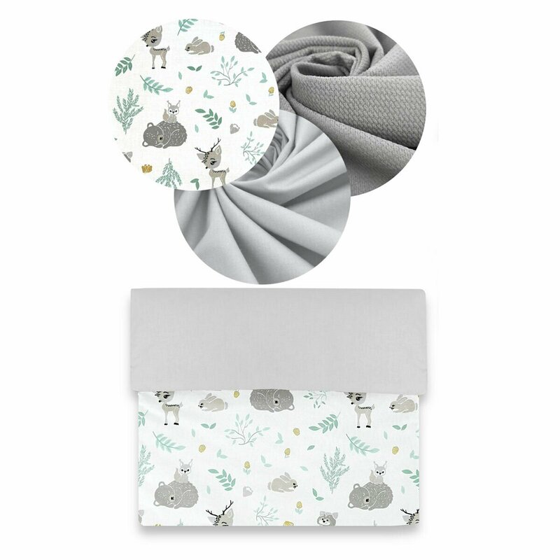 MimiNu - Set 4 in 1 Cosulet bebelus Baby Cocoon 90x50 cm, 1 perna, 1 paturica si o saltea cu doua fete, Forest friends Grey/Mint image 4