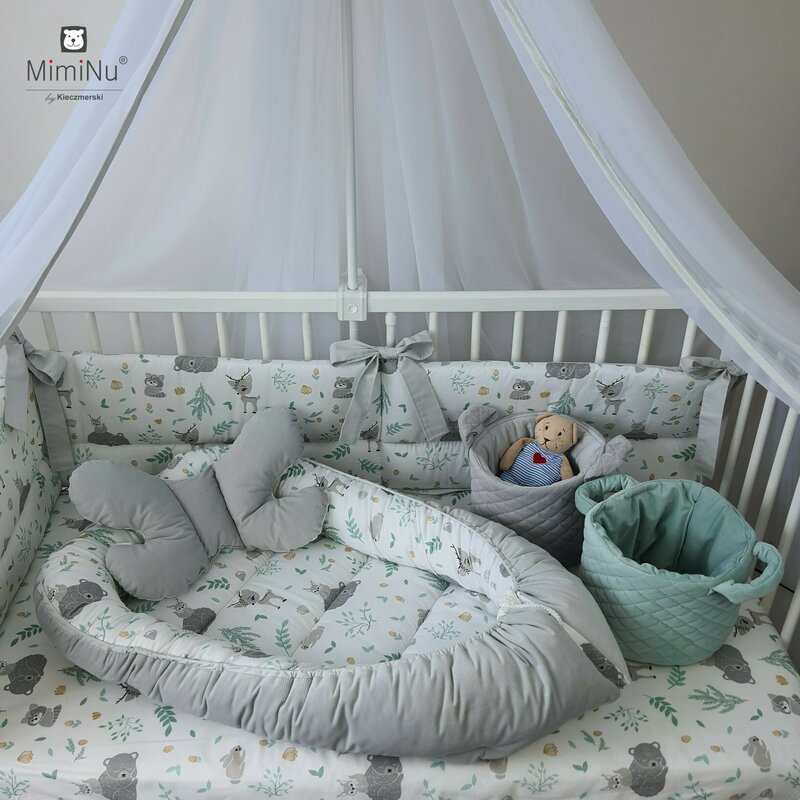 MimiNu - Set 4 in 1 Cosulet bebelus Baby Cocoon 90x50 cm, 1 perna, 1 paturica si o saltea cu doua fete, Forest friends Grey/Mint image 6