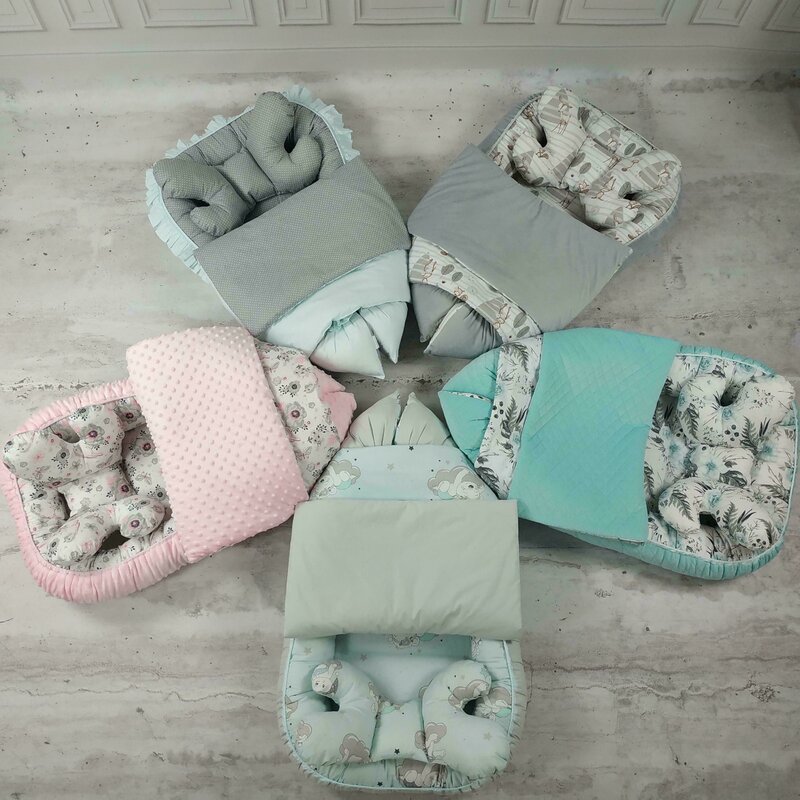 MimiNu - Set 4 in 1 Cosulet bebelus Baby Cocoon 90x50 cm, 1 perna, 1 paturica si o saltea cu doua fete, Forest friends Grey/Mint image 7