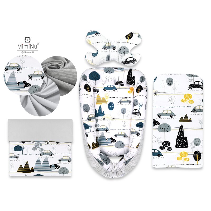 MimiNu - Set 4 in 1 Cosulet bebelus Baby Cocoon 90x50 cm, 1 perna, 1 paturica si o saltea cu doua fete, Childrens Journey Grey