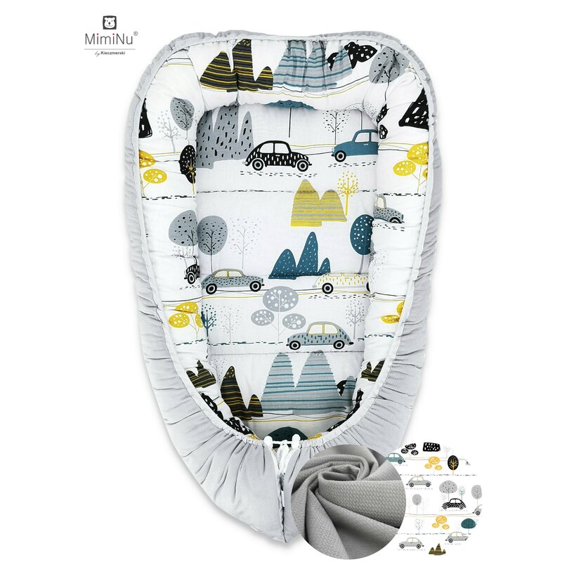 MimiNu - Set 4 in 1 Cosulet bebelus Baby Cocoon 90x50 cm, 1 perna, 1 paturica si o saltea cu doua fete, Childrens Journey Grey image 2