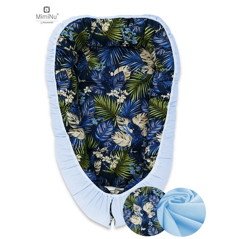 MimiNu - Set 4 in 1 Cosulet bebelus Baby Cocoon 90x50 cm, 1 perna, 1 paturica si o saltea cu doua fete, Parrot Navy image 2