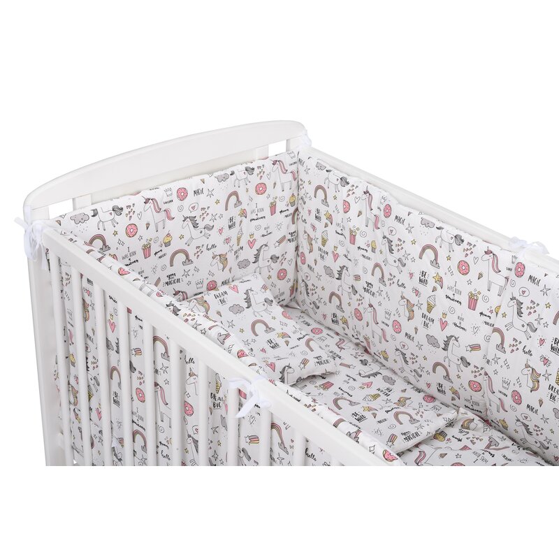 BabyNeeds - Lenjerie patut 5 piese, Cu doua protectii laterale, Pernuta, Plapumioara, Cearceaf, Din bumbac, Pentru patut 120x60 cm, Unicorni, Roz