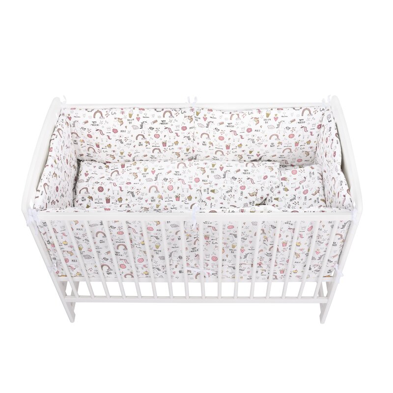 BabyNeeds - Lenjerie patut 5 piese, Cu doua protectii laterale, Pernuta, Plapumioara, Cearceaf, Din bumbac, Pentru patut 120x60 cm, Unicorni, Roz image 3