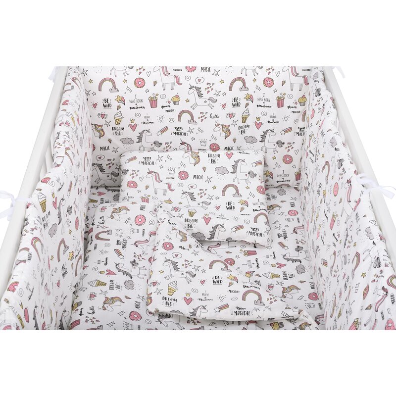 BabyNeeds - Lenjerie patut 5 piese, Cu doua protectii laterale, Pernuta, Plapumioara, Cearceaf, Din bumbac, Pentru patut 120x60 cm, Unicorni, Roz image 5