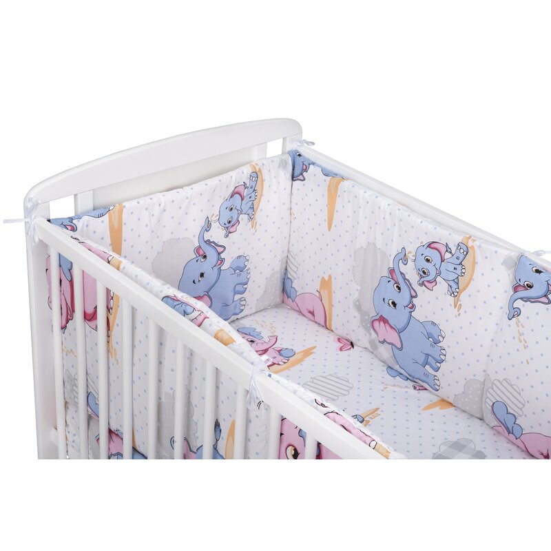 BabyNeeds - Lenjerie patut 3 piese, Cu doua protectii laterale, Cerceaf, Din bumbac, Pentru patut 120x60 cm, Elefantei, Albastru-Roz