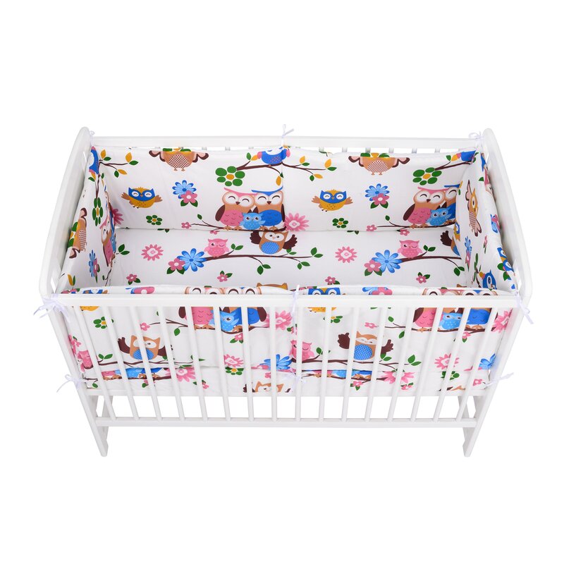 BabyNeeds - Lenjerie patut 3 piese, Cu doua protectii laterale, Cerceaf, Din bumbac, Pentru patut 120x60 cm, Bufnitele vesele, Alb image 3