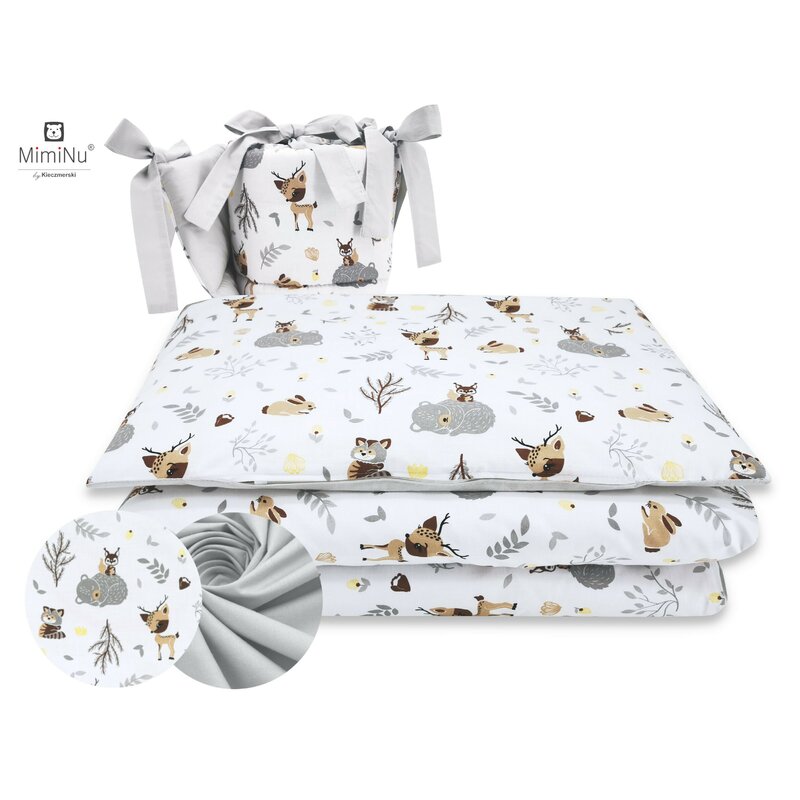 MimiNu - Lenjerie patut 3 piese, Cu protectie laterala, Forest friends Grey/Beige, Din bumbac, Pentru patut 120x60 cm