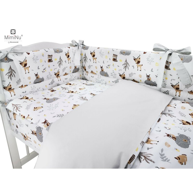 MimiNu - Lenjerie patut 3 piese, Cu protectie laterala, Forest friends Grey/Beige, Din bumbac, Pentru patut 120x60 cm image 2