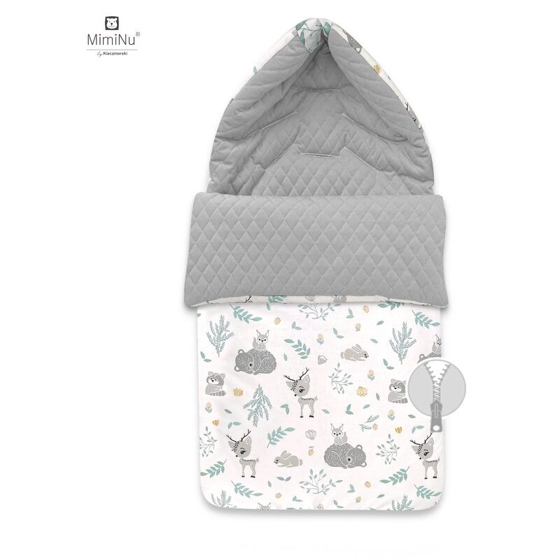 MimiNu - Sac de iarna universal, pentru carucior, scaun auto, saniuta, Forest friends Mint/Velvet Grey