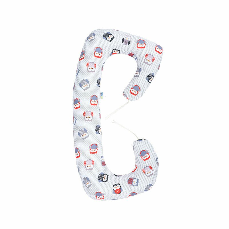 BabyNeeds - Perna 3 in 1 pentru gravide si bebelusi Soft, Cu husa din bumbac, Bufnite, Gri-rosu