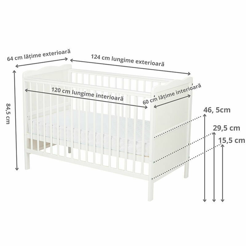 Qmini - Patut din lemn Julia 120x60 cm, multifunctional, Alb image 3