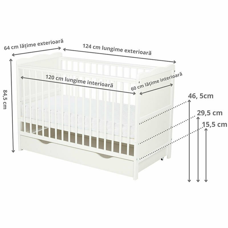 Qmini - Patut din lemn Julia 120x60 cm, multifunctional, cu sertar, Alb image 5