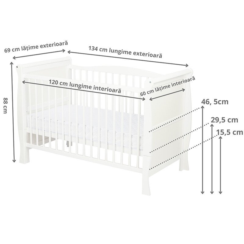 Qmini - Patut din lemn Julia Lux 120x60 cm, multifunctional, Alb + Saltea 8 cm image 6