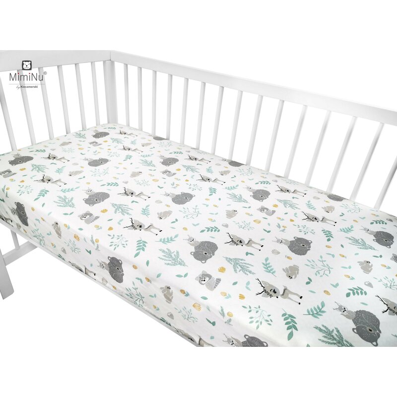 MimiNu - Cearceaf cu elastic pentru patut 120X60 cm, Din bumbac, Forest friends Grey/Mint image 2