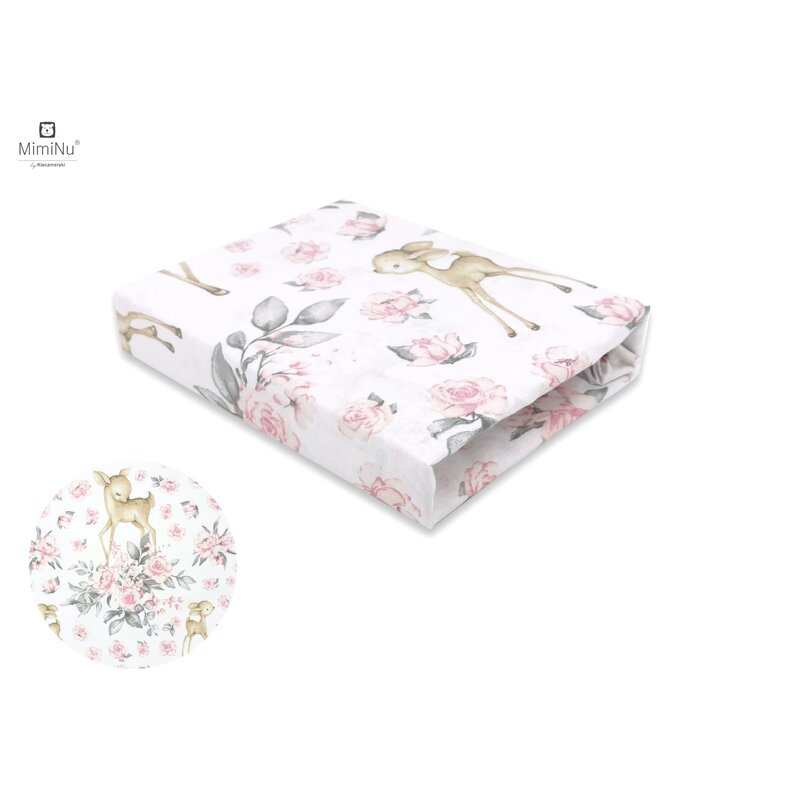 MimiNu - Cearceaf cu elastic pentru patut 120X60 cm, Din bumbac, Sweet Deer Pink image 1