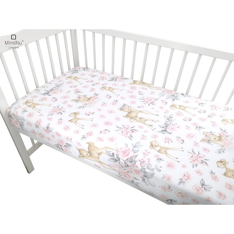 MimiNu - Cearceaf cu elastic pentru patut 120X60 cm, Din bumbac, Sweet Deer Pink image 2