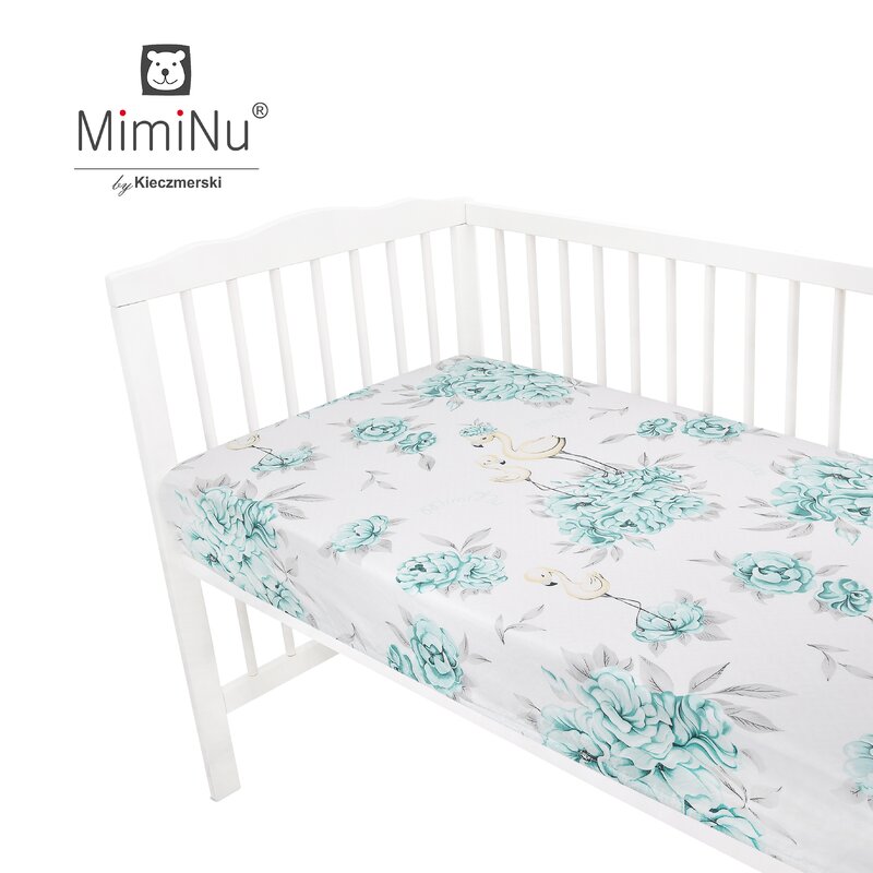 MimiNu - Cearceaf cu elastic pentru patut 120X60 cm, Din bumbac, Peonie Mint image 2