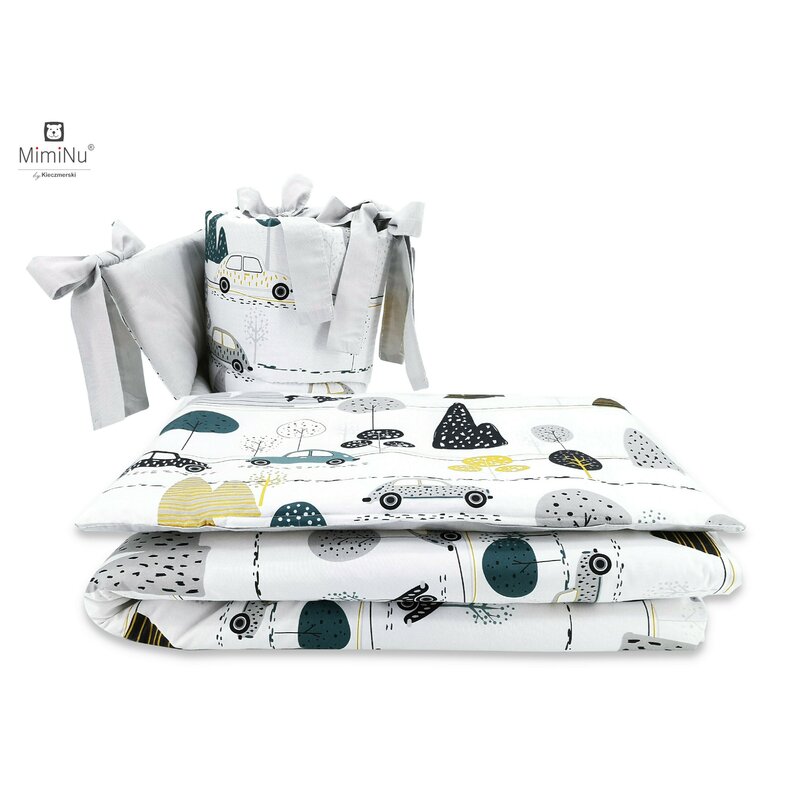 MimiNu - Lenjerie patut 3 piese, Cu protectie laterala, Childrens Journey Grey, Din bumbac, Pentru patut 120x60 cm