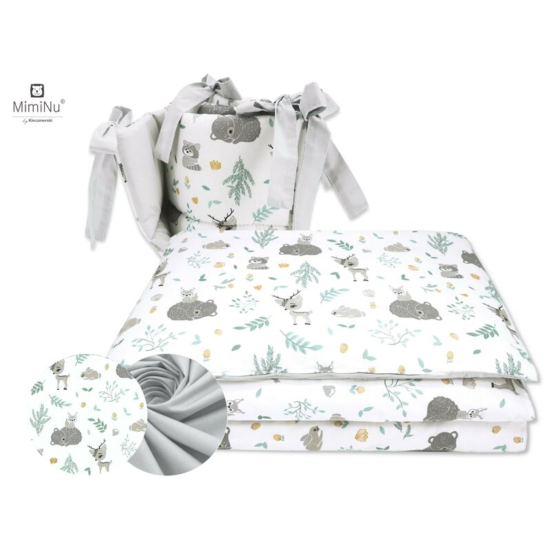 MimiNu - Lenjerie patut 3 piese, Cu protectie laterala, Forest friends Grey/Mint, Din bumbac, Pentru patut 120x60 cm image 1