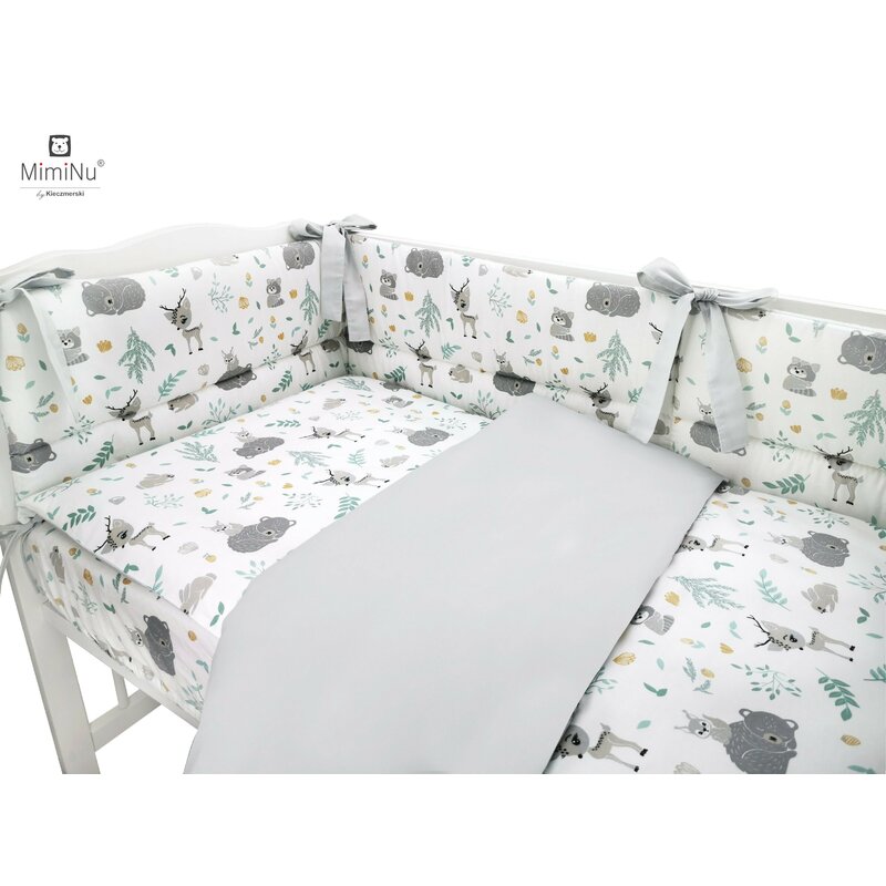 MimiNu - Lenjerie patut 3 piese, Cu protectie laterala, Forest friends Grey/Mint, Din bumbac, Pentru patut 120x60 cm image 2