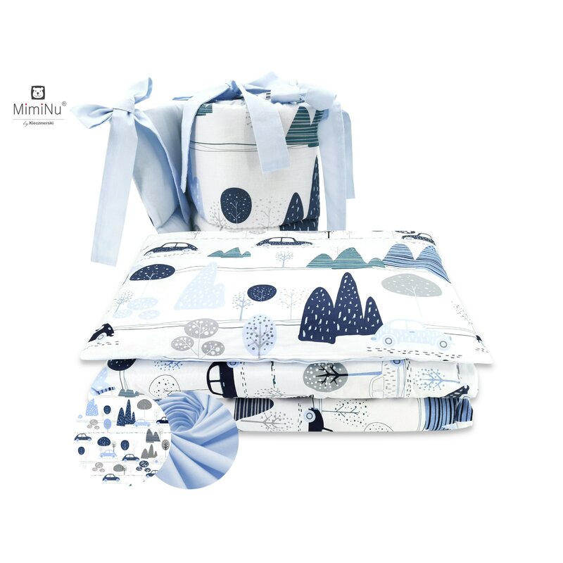 MimiNu - Lenjerie patut 3 piese, Cu protectie laterala, Childrens Journey blue, Din bumbac, Pentru patut 120x60 cm image 1