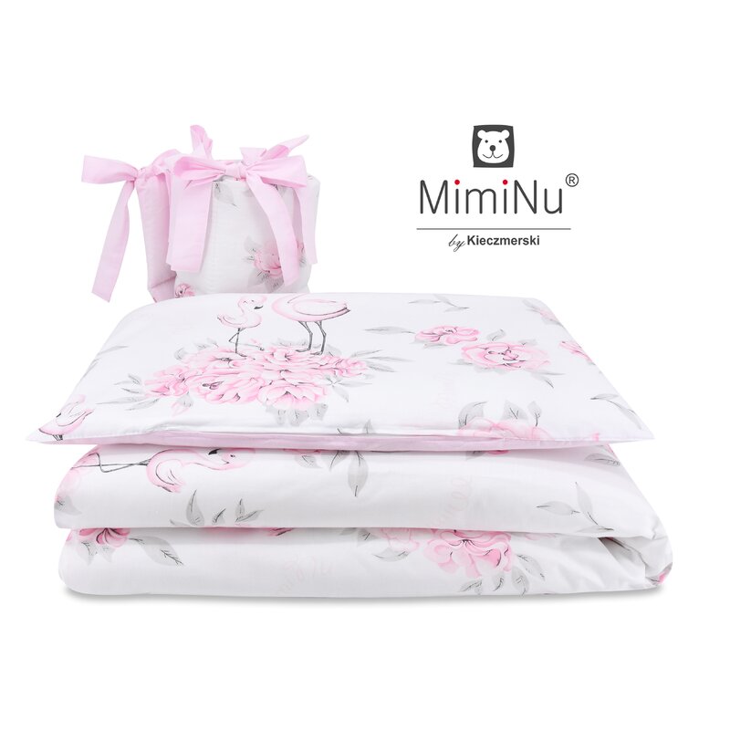 MimiNu - Lenjerie patut 3 piese, Cu protectie laterala, Peonie Pink, Din bumbac, Pentru patut 120x60 cm