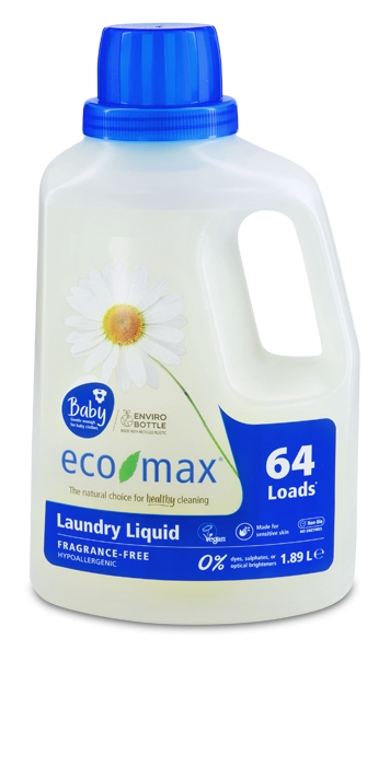 Detergent concentrat hipoalergenic fara miros pt rufe, potrivit si pt hainele bebelusilor, Ecomax,1.89L (64 spalari)